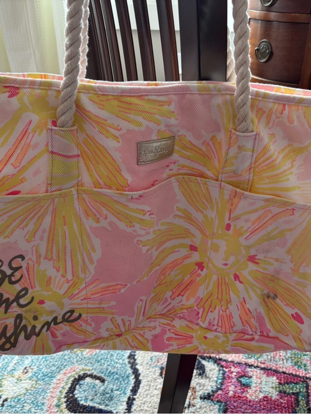 Lilly Pulitzer Pink and Yellow Floral Rope-Handle Tote – "Be the Sunshine"